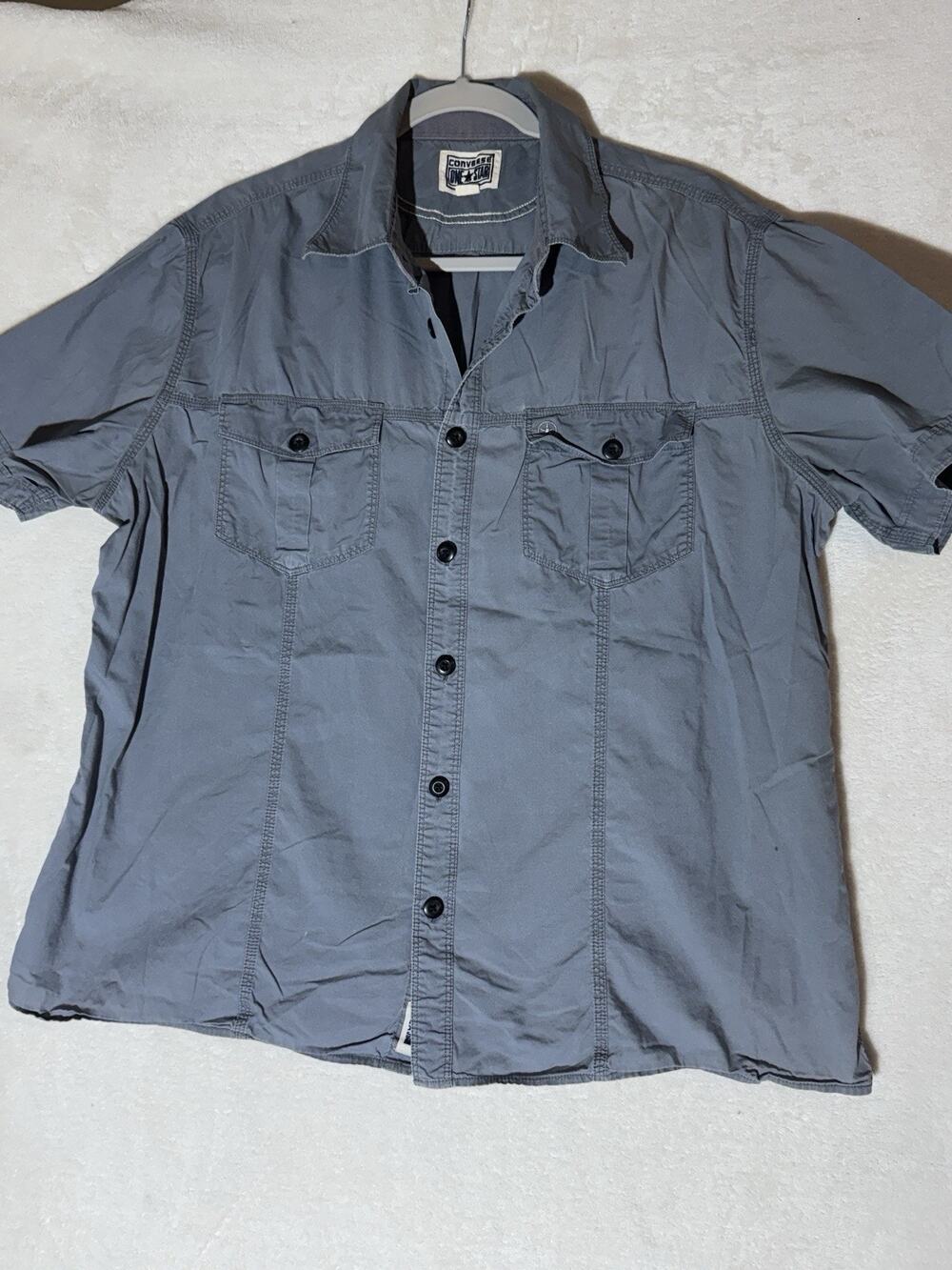 Men's L Short Sleeve Converse All Star Button Up Shirt Gray Cotton